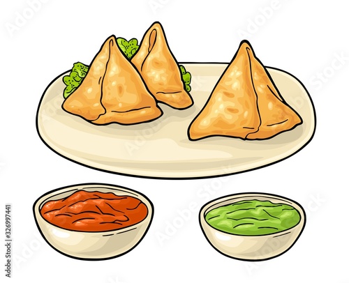 Samosa on board with sauces in bowl. Vector flat illustration
