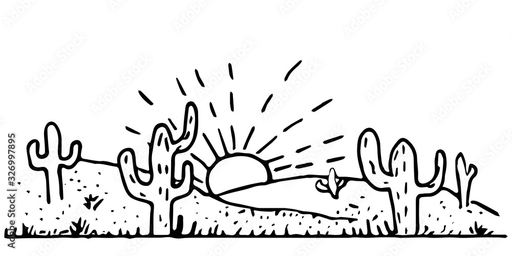 Vecteur Stock Desert landscape vector illustration. Hand drawn black
