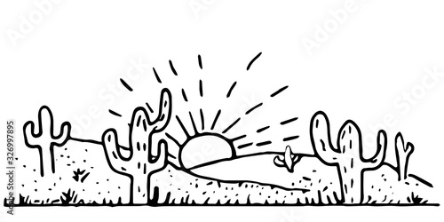 Desert landscape vector illustration. Hand drawn black and white line desert with cactus. Doodle style graphic illustration. Simple line art.