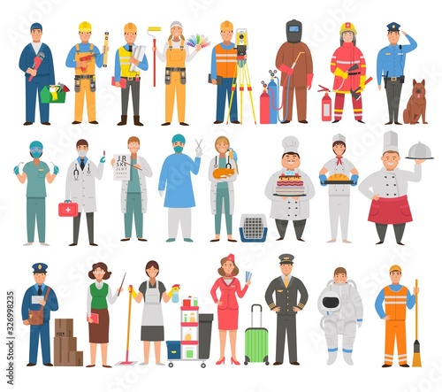 Big set of professions in cartoon flat style for children. Plumber,carpenter,engineer,painter,colorist,surveyor,welder,firefighter,policeman,dentist,doctor,ophthalmologist,optometrist,surgeon