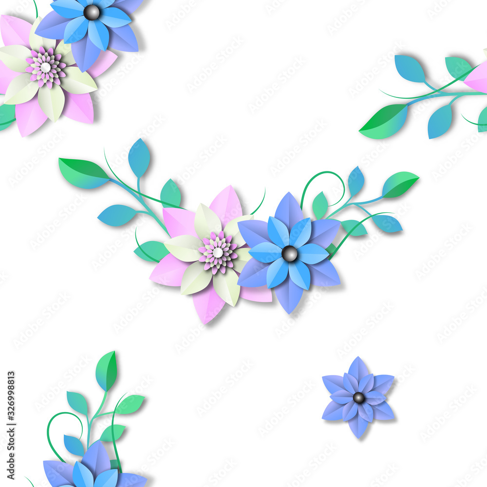Flowers paper seamless pattern isolated on white background of pastel color ,vector or illustration