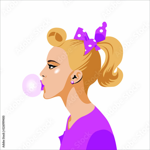 Beautiful girl inflates a ball of bubble gum on a white background, retro style. Pop Art. Vector illustration