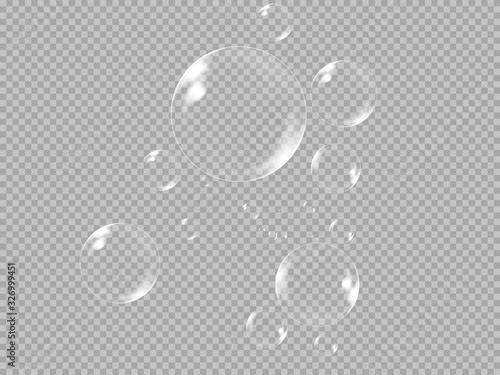 Realistic white water bubbles with reflection on transparent background. Vector illustration