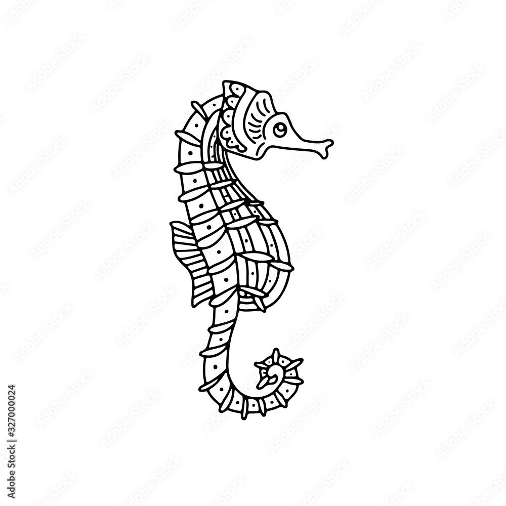Hand drawn doodle decorative black vector illustration seahorse isolated on white background. Beautiful sea design for child coloring book, page, card, tattoo, logo, print, banner Hand drawn doodle decorative black vector illustration seahorse isolated on white background. Beautiful sea design for child coloring book, page, card, tattoo, logo, print, banner