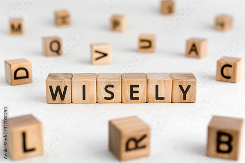 Wisely - words from wooden blocks with letters, experience, knowledge, and good judgement wisely concept, white background photo