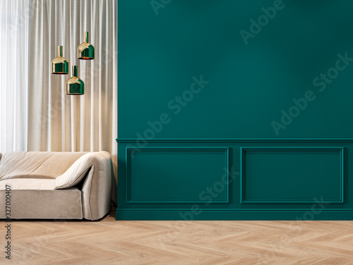 Modern classic green interior with moldings, sofa, lamps, curtains and wood floor. 3d render illustration mock up. photo