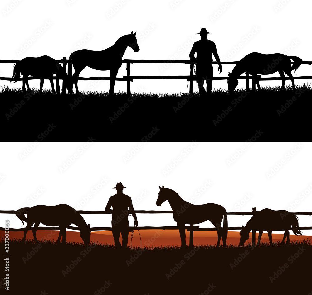cowboy and horse herd behind wooden fence - grazing animals and rancher