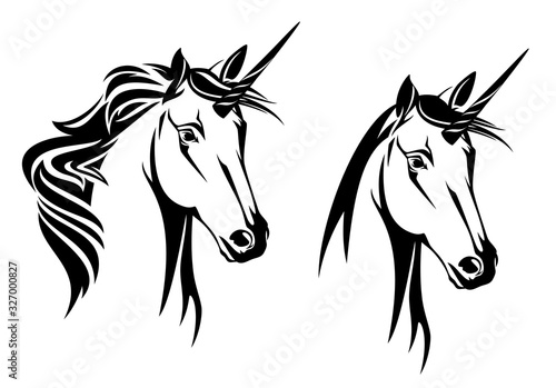 unicorn horse head portrait - mythical animal black and white vector outline design