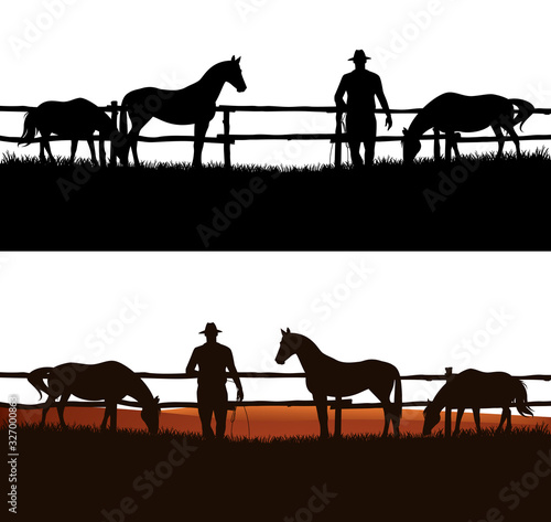 cowboy and horse herd behind wooden fence - grazing animals and rancher vector silhouette design
