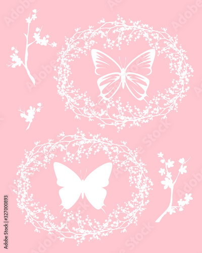 butterfly with open wings inside blooming wreath of sakura tree branches - springtime editable vector silhouette design