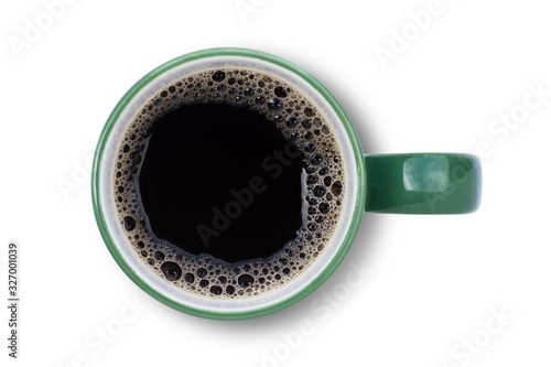 Closeup green cup of hot black coffee isolated on white background with clipping path. Top view. Flat lay.