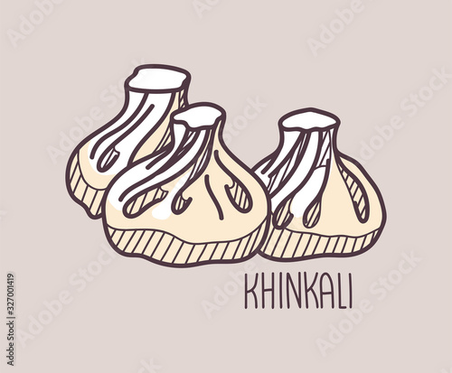 Hand drawn vector illustration of Khinkali. Doodle colored on pale background with hand written title of the dish.