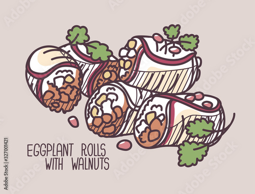 Hand drawn vector illustration of Eggplant rolls with walnuts. Doodle colored on pale background with hand written title of the dish.