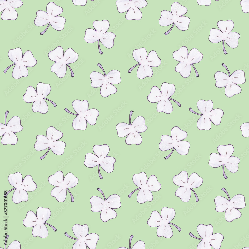 Seamless pattern with delicate clover leaf. Light ink pink shamrocks on a soft green background. Background for design for St. Patrick's Day, wrapping paper, textile, invitations, greeting cards