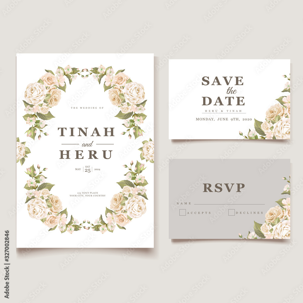 elegant wedding invitation card with floral and leaves