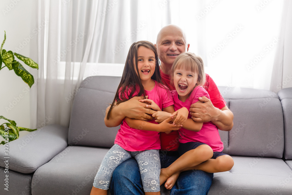 Mature man playing with granddaughters at home. Mature man playing with granddaughters at home.