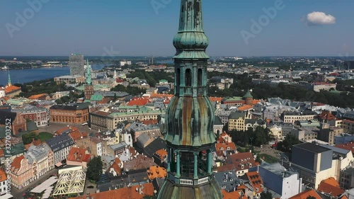 RIGA, LATVIA - MAY, 2019: Beautiful aerial panorama view of the old town of Riga by the St. Peters cathedral.
