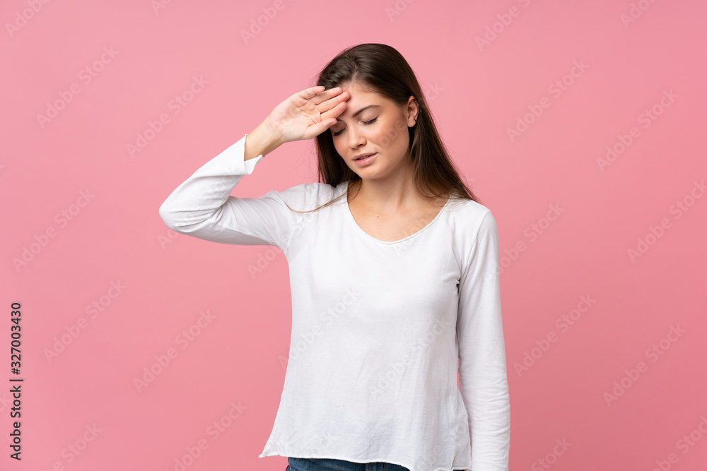 Young woman over isolated pink background with tired and sick expression Young woman over isolated pink background with tired and sick expression