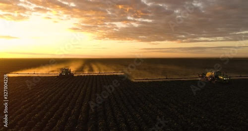 Agriculture, beautiful aerial image of machines spraying cotton plantation in the open field with beautiful sunset - Agribusiness.