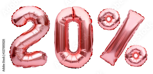 Rose golden twenty percent sign made of inflatable balloons isolated on white.Helium balloons, pink foil numbers. Sale decoration, black friday, discount concept.20 percent off, advertisement message.