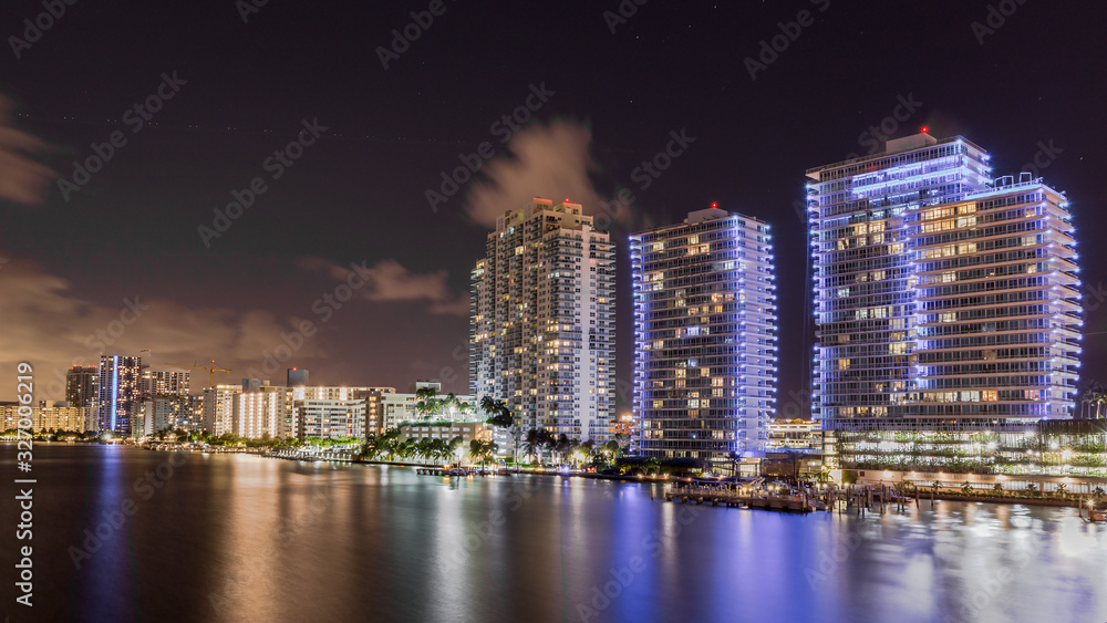 The Miami Beach Skyline panorama at night in Florida