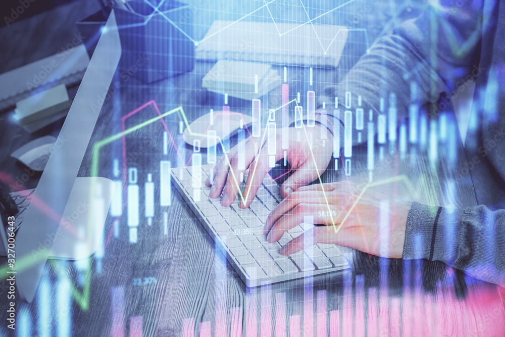 Double exposure of financial graph with man works in office on background. Concept of analysis. Double exposure of financial graph with man works in office on background. Concept of analysis.