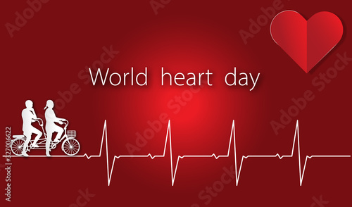 World heart day with heart and pulse and cyclist on red background of paper art style ,vector or illustration with health love concept