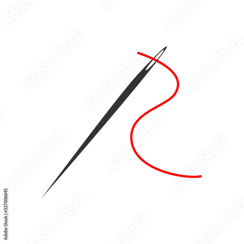 Black flat needle with a red thread, vector illustration isolated on white