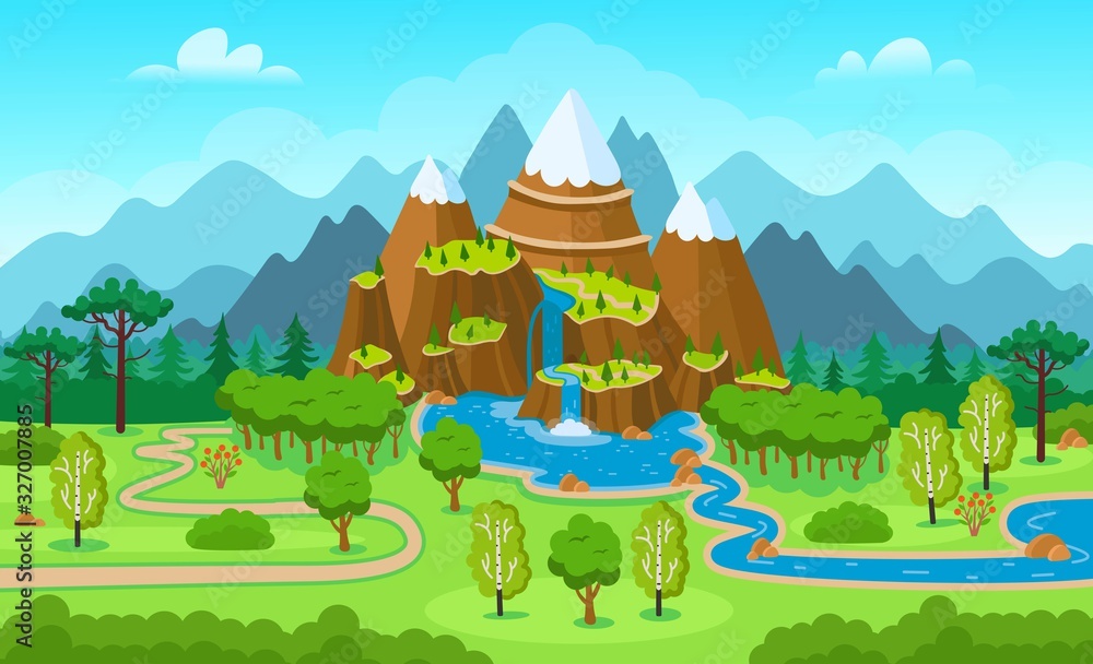 Cartoon forest with mountains waterfall, lake, river and trees. Vector.
