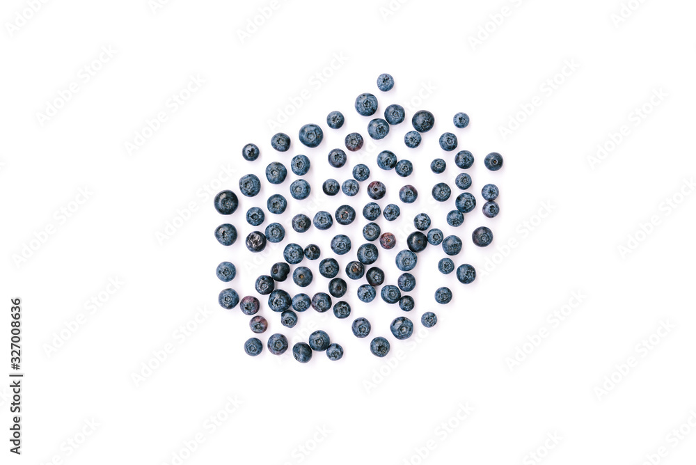 Blueberry isolated on a white background. Purple fresh berries. Flat lay, top view.