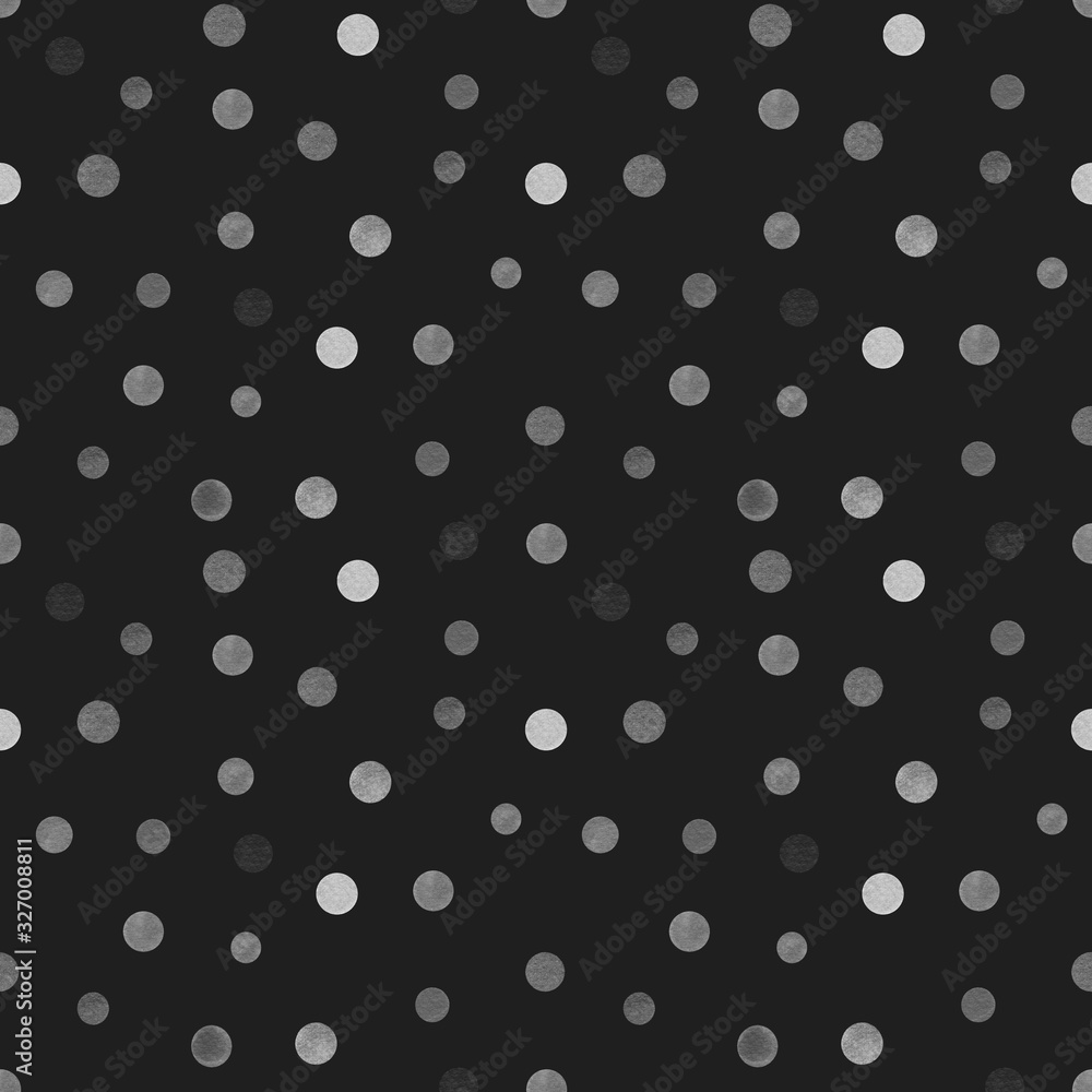 Polka dots seamless pattern. Monochrome print, grayscale. Watercolor illustration on black background. Great  for fabric, wrapping papers, wallpapers, covers. 