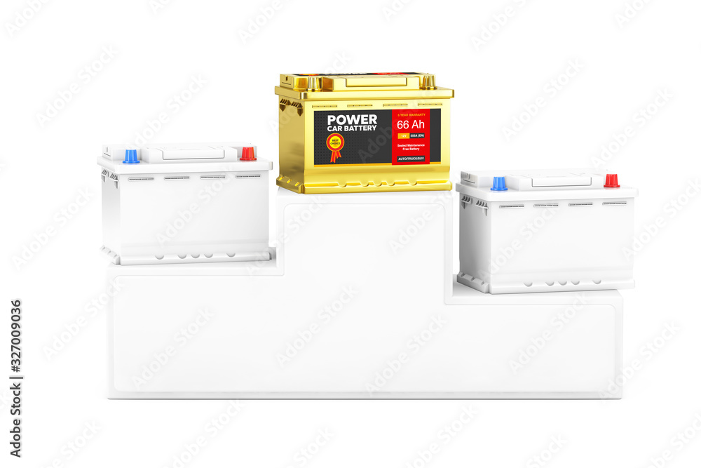 Golded Rechargeable Car Battery 12V Accumulator with Abstract Label and two other in Clay Style over Sport Winner Podium Pedestal. 3d Rendering Golded Rechargeable Car Battery 12V Accumulator with Abstract Label and two other in Clay Style over Sport Winner Podium Pedestal. 3d Rendering