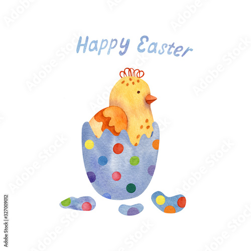 Easter greeting card with a blue Easter polka dots egg and a newborn little chicken. Hand painted watercolor illustration isolated on white background. Great for Easter products design.