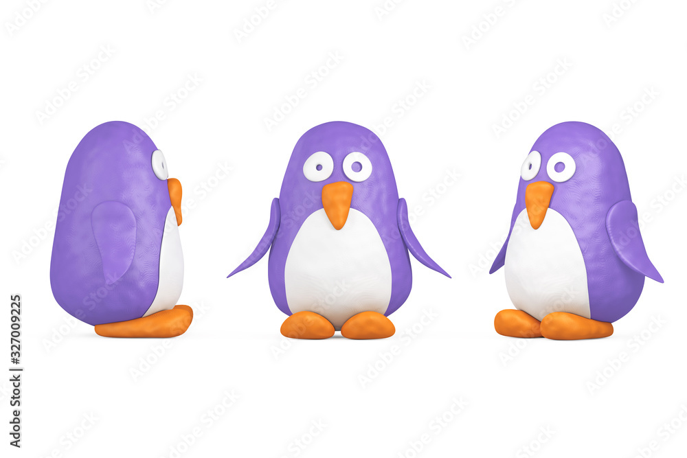 Naklejka premium Cute Violet and White Toy Cartoon Plasticine or Clay Penguin. 3d Rendering