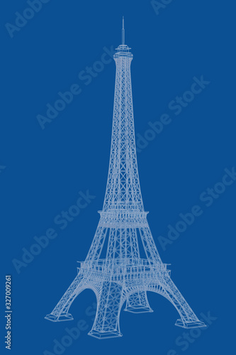 Fototapeta Naklejka Na Ścianę i Meble -  Technical Illustration of Wire-frame Style Eiffel Tower Blueprint. 3d Rendering