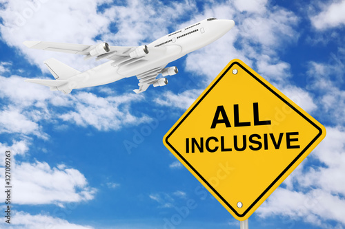 All Inclusive Traffic Sign with White Jet Passenger's Airplane. 3d Rendering