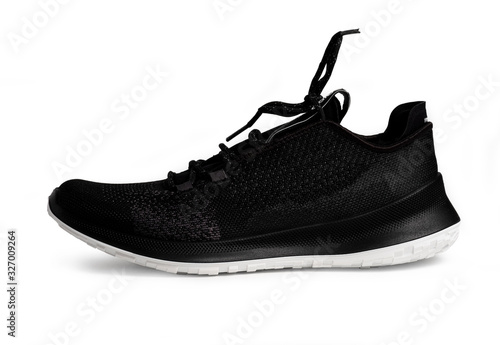 Closeup of isolated black sport shoe on white background. clipping path .