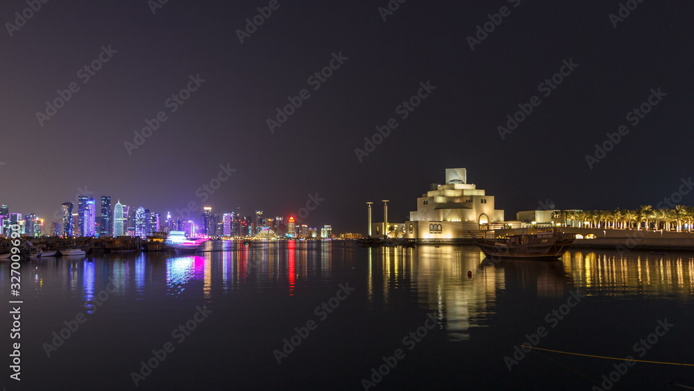 Fototapeta premium Beautiful Museum of Islamic Art night timelapse in Doha, Qatar.