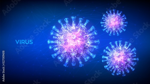 Coronavirus 2019-nCov novel coronavirus low poly abstract concept. Microscopic view of virus cells close up. Dangerous asian ncov corona virus, SARS pandemic risk. 3D polygonal vector illustration.