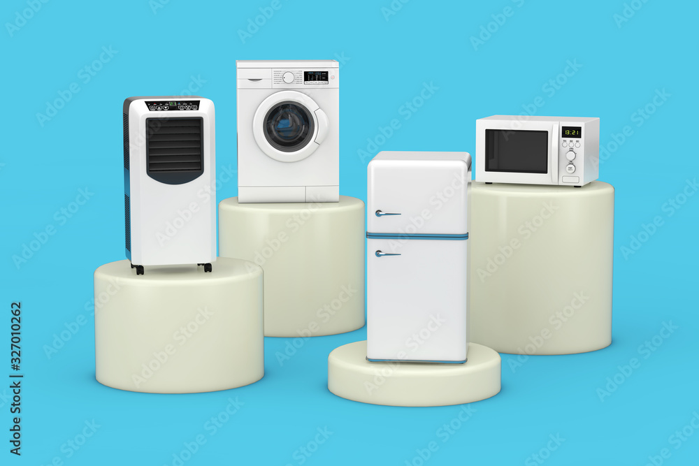 Mobile Conditioner Cooler, Washing Machine, Refrigerator and Microwave Oven. 3d Rendering Mobile Conditioner Cooler, Washing Machine, Refrigerator and Microwave Oven. 3d Rendering