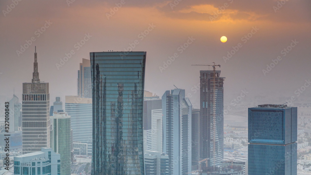 Skyscrapers at sunset timelapse in the skyline of commercial center of Doha, the capital Qatar