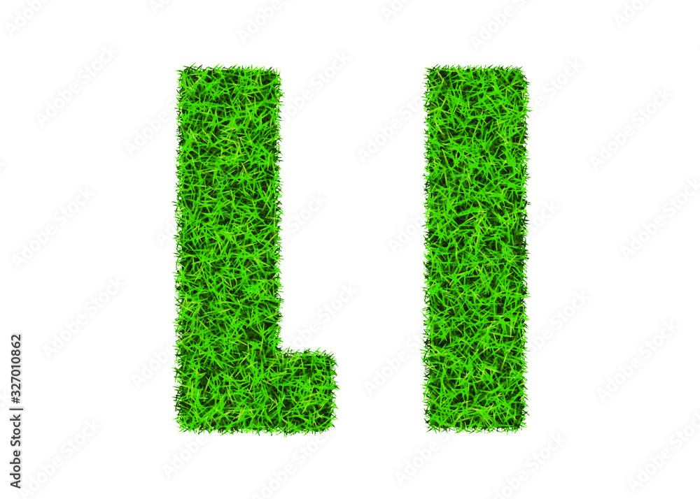 Green grass font. The letter L. Lawn texture alphabet on white background. Green grass font. The letter L. Lawn texture alphabet on white background.