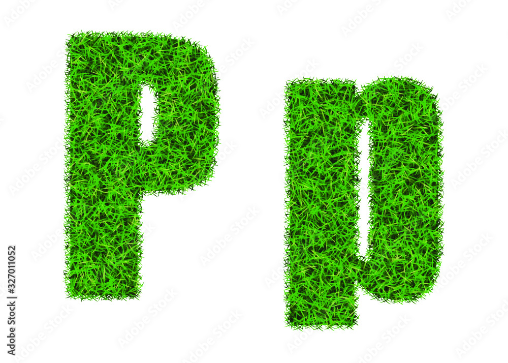 Green grass font. The letter P. Lawn texture alphabet on white background. Green grass font. The letter P. Lawn texture alphabet on white background.