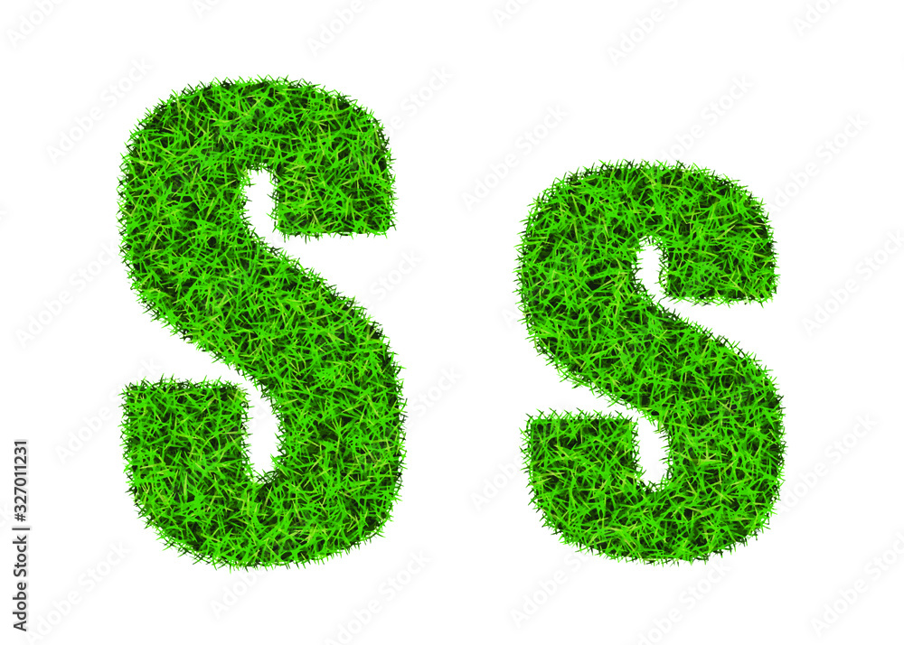 Green grass font. The letter S. Lawn texture alphabet on white background. Green grass font. The letter S. Lawn texture alphabet on white background.