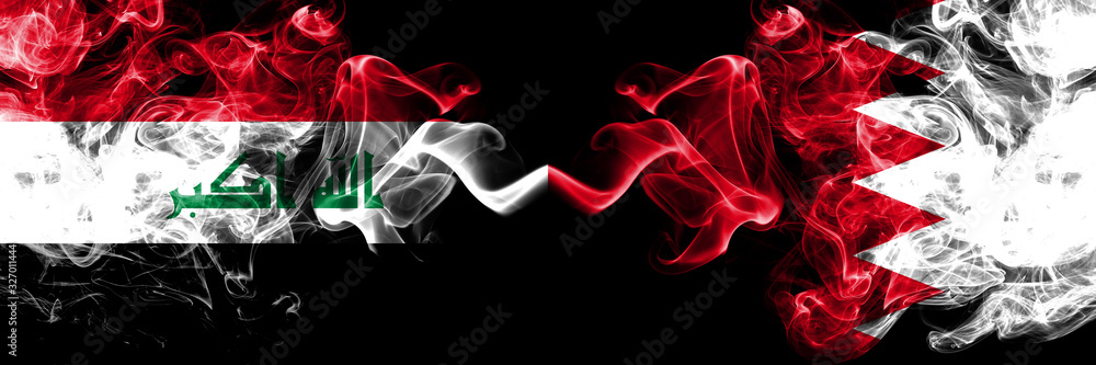 Iraq, Iraqi vs Bahrain, Bahrani smoky mystic flags placed side by side. Thick colored silky smokes flags together. Iraq, Iraqi vs Bahrain, Bahrani smoky mystic flags placed side by side. Thick colored silky smokes flags together.
