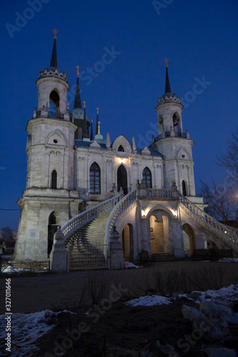 Church of the Vladimir Icon of the Mother of God in the evening. Manor Bykovo. Moscow Region, Russia