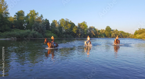 CLOSE UP: Three girlfriends riding horses and standing in the river on sunny day © helivideo