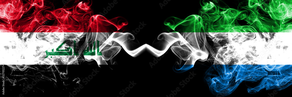 Iraq, Iraqi vs Sierra Leone smoky mystic flags placed side by side. Thick colored silky smokes flags together.