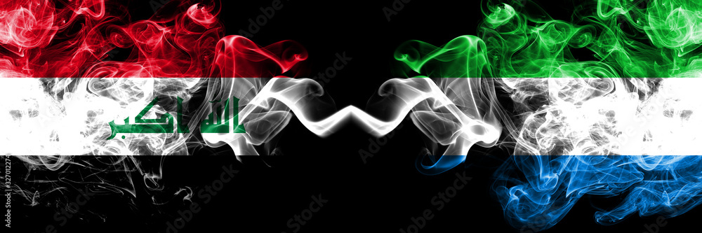 Iraq, Iraqi vs Sierra Leone smoky mystic flags placed side by side. Thick colored silky smokes flags together. Iraq, Iraqi vs Sierra Leone smoky mystic flags placed side by side. Thick colored silky smokes flags together.