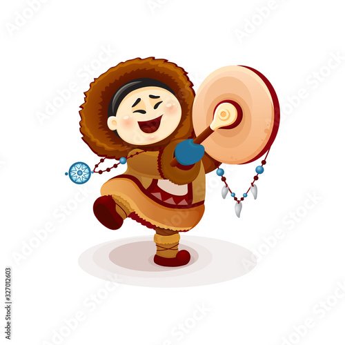 vector cartoon illustration of funny Eskimo shaman illustration of the northern people asian shaman with a tambourine and amulets dancing a magical dance caster and magician. Chukchi, Indian inuit eps